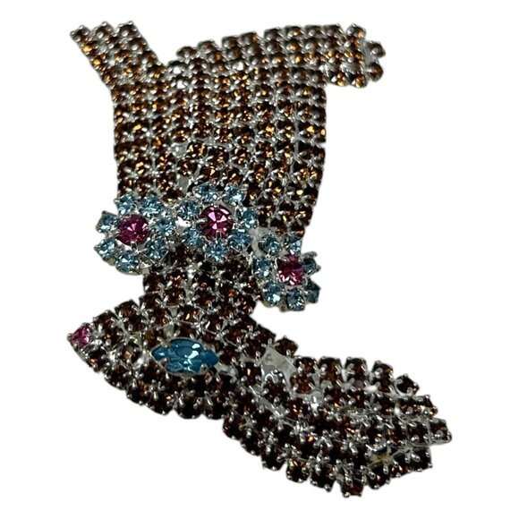 Vintage Rhinestone Encrusted Rabbit Brooch Pin Accents No Lead Sparkle Teal Pink - Picture 6 of 10